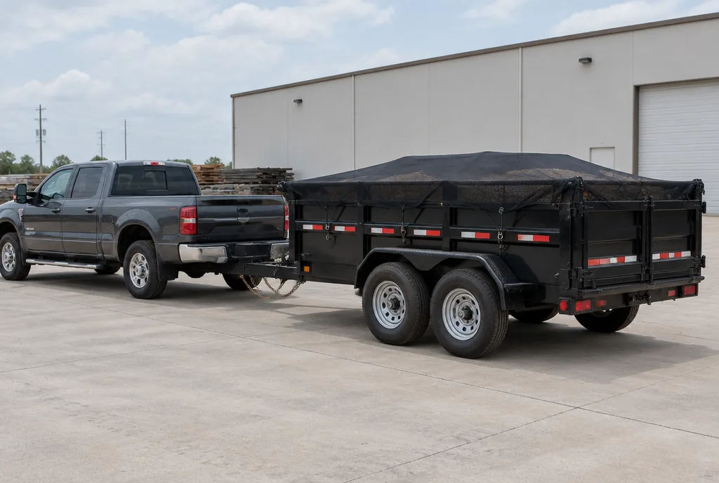 Tarped dump trailer hitched to a pickup truck in a commercial staging area