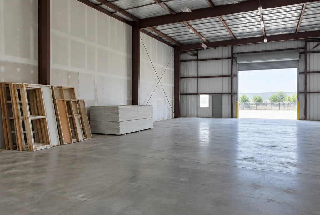 Wood partition frames and wallboard beside a clear warehouse floor