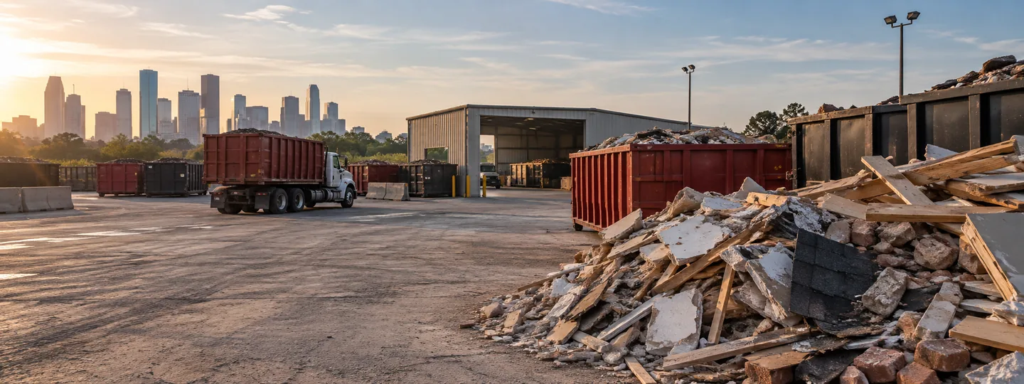 Construction debris and roll-off containers in a disposal yard